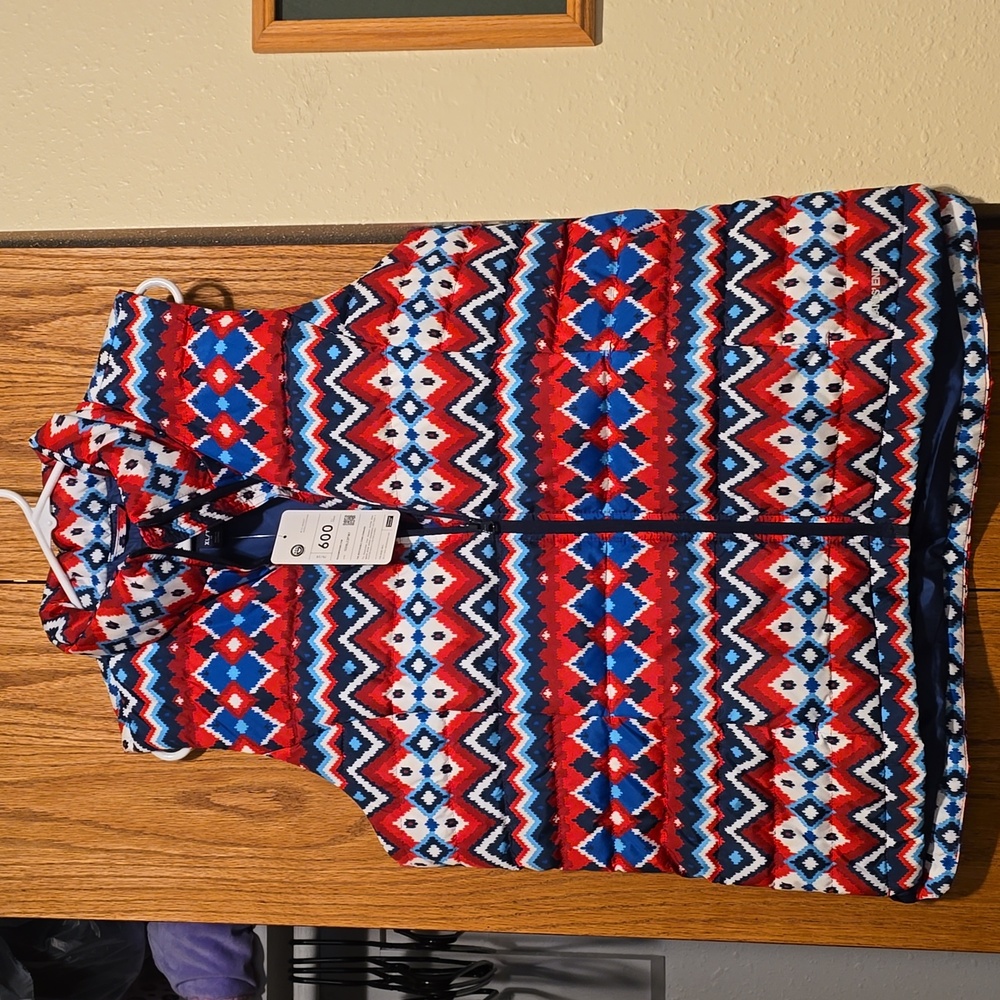 Lands' End Puffer Vest in Red, Blue, White Geo Print